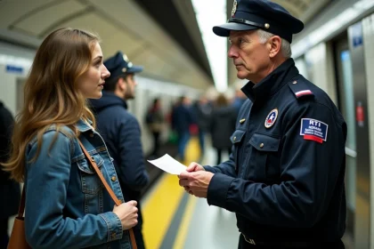 Contrôleur RATP remettant un avis d'amende à une voyageuse dans le métro parisien