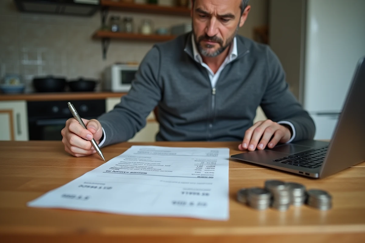 Homme analysant un relevé bancaire papier avec des pièces en euros et un ordinateur portable affichant un tableau de bord bancaire en ligne, pour illustrer la gestion des frais de dépôt en espèces