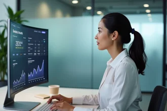 Femme professionnelle analysant un tableau de bord de paiements en ligne pour e-commerce dans un bureau fintech moderne