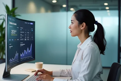 Femme professionnelle analysant un tableau de bord de paiements en ligne pour e-commerce dans un bureau fintech moderne
