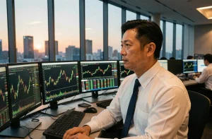 Analyste financier japonais surveillant l'ouverture des marchés boursiers asiatiques sur plusieurs écrans dans une salle de trading moderne à Tokyo