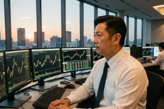 Analyste financier japonais surveillant l'ouverture des marchés boursiers asiatiques sur plusieurs écrans dans une salle de trading moderne à Tokyo