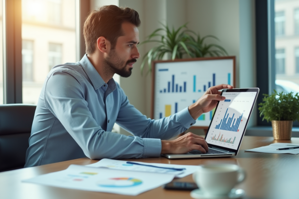 Professionnel confiant analysant des graphiques financiers dans un bureau lumineux