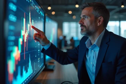 Analyste financier examinant des graphiques boursiers en hausse sur grand écran dans un bureau de trading moderne pour les prévisions bourse 2026