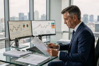 Analyste financier examinant des rapports d'investissement sur EPA AI et Air Liquide dans un bureau moderne