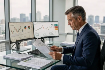 Analyste financier examinant des rapports d'investissement sur EPA AI et Air Liquide dans un bureau moderne