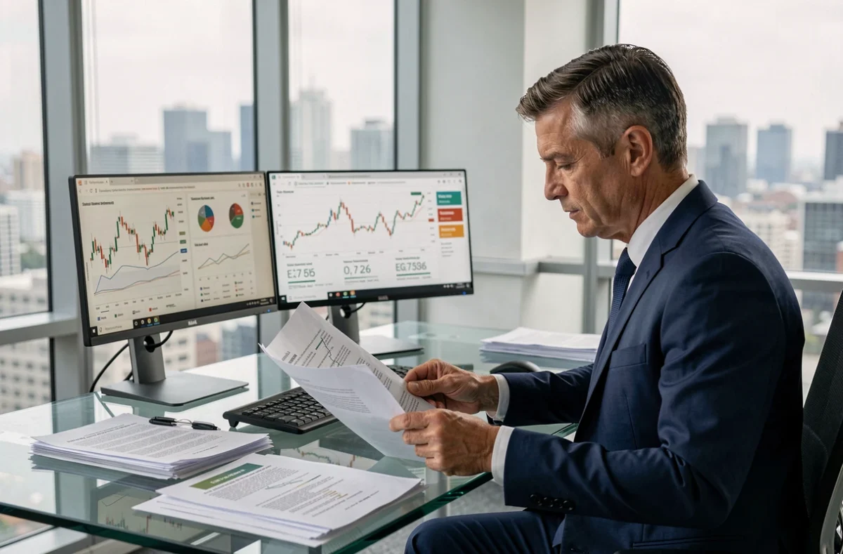 Analyste financier examinant des rapports d'investissement sur EPA AI et Air Liquide dans un bureau moderne