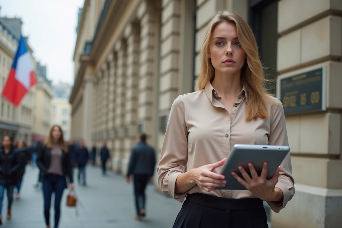 Jeune analyste financier devant le ministère de l Economie avec tablette