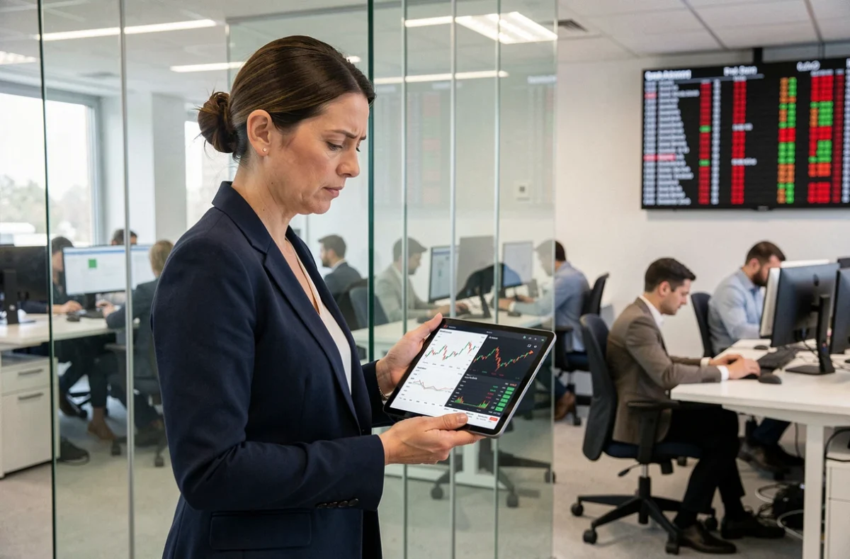 Femme analyste dans une société d'investissement parisienne comparant les indices boursiers asiatiques et européens sur une tablette numérique