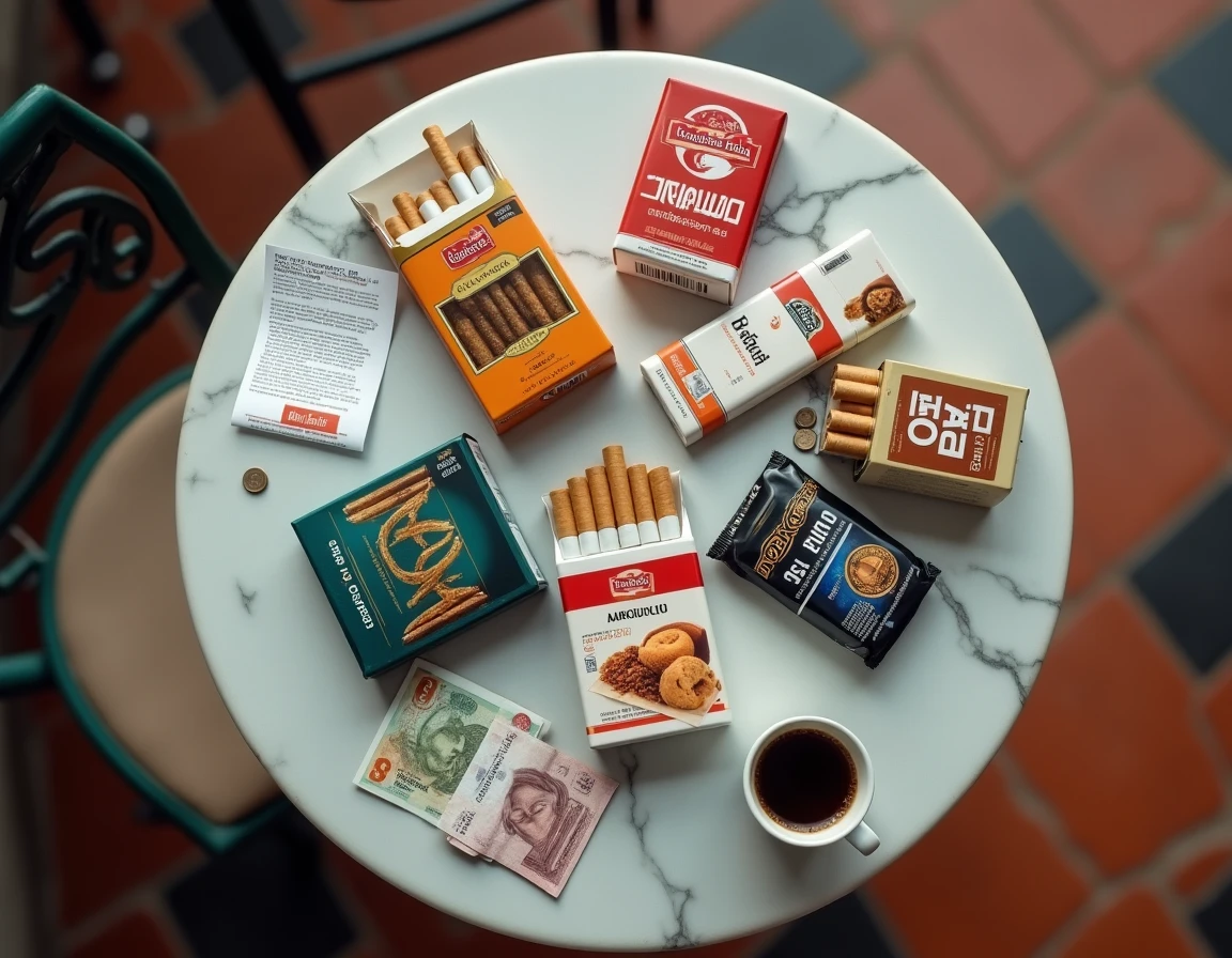 Assortiment de paquets de cigarettes et tabac à rouler posés sur une table de café espagnol avec des euros, illustrant l'évolution des tarifs du tabac en Espagne