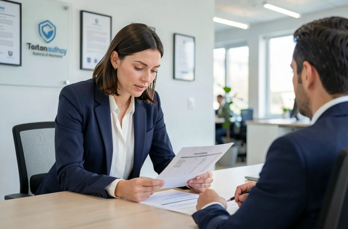 Conseillère en assurance Assuromieux accompagnant un client dans un bureau professionnel moderne