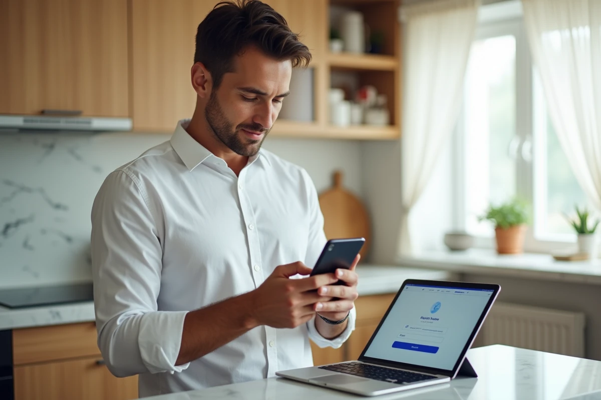Homme recevant un code OTP par SMS pour valider une connexion sécurisée sur l'application bancaire Cyberplus depuis chez lui
