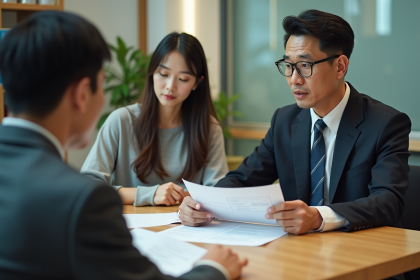 Banquier japonais en discussion avec un couple dans une banque