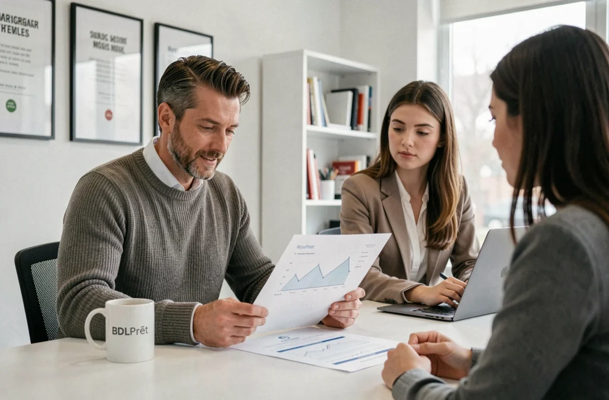 Un conseiller BDLPrêt analyse une simulation de prêt immobilier avec une cliente dans une agence moderne et épurée