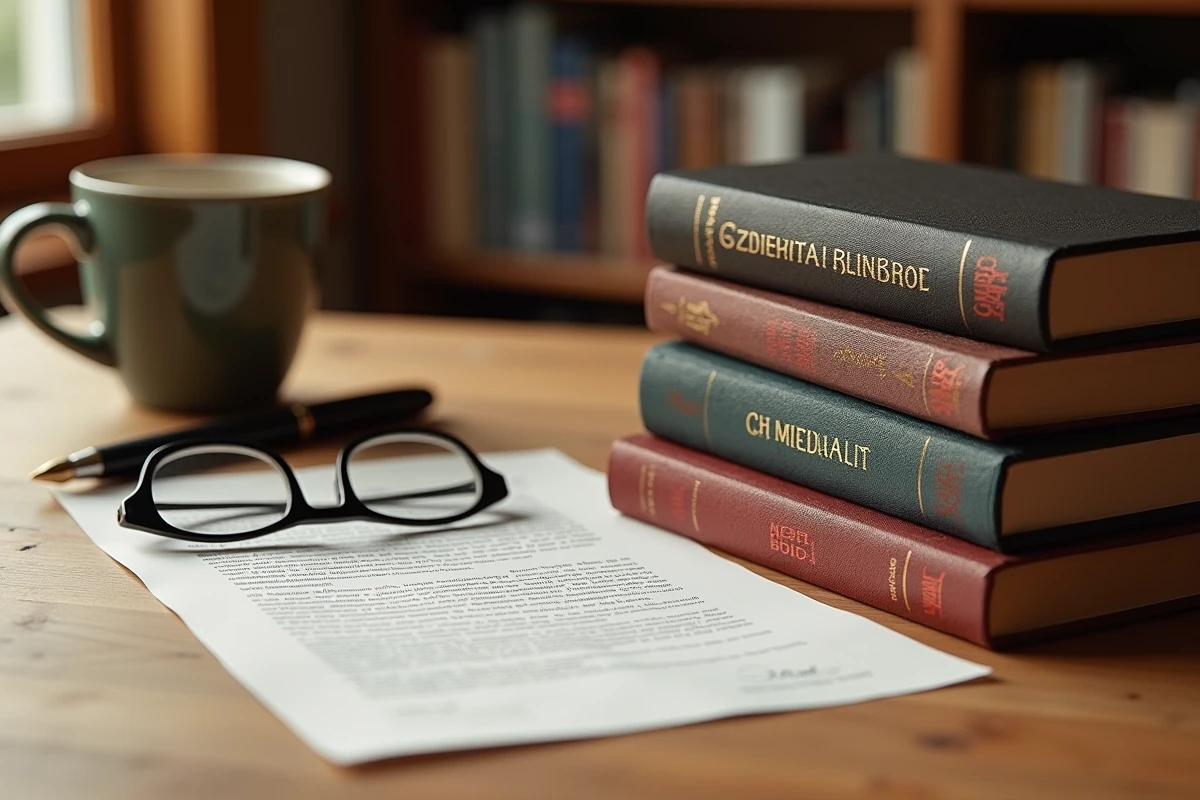 Livres de mémoires présidentiels empilés avec un contrat de droits d'auteur et un stylo plume sur une table en bois, illustrant les revenus littéraires et droits d'auteur de Joe Biden