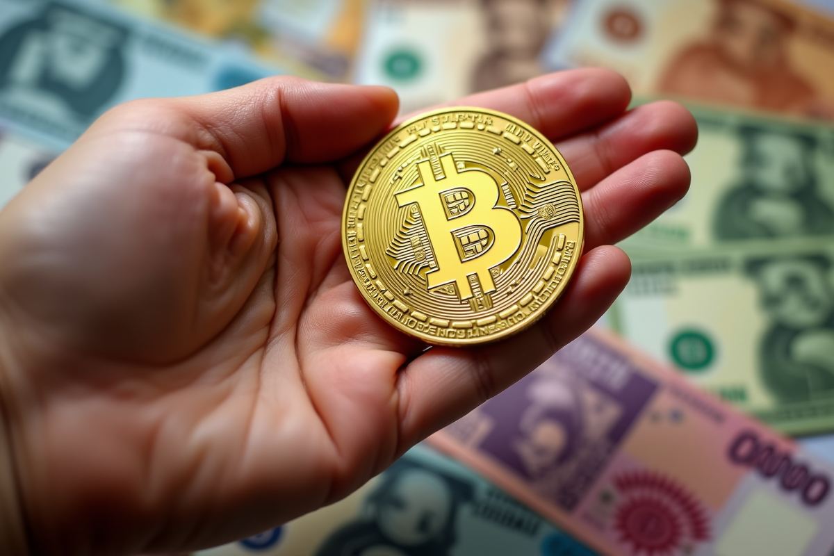 Main tenant un bitcoin en or avec devises internationales en arrière-plan