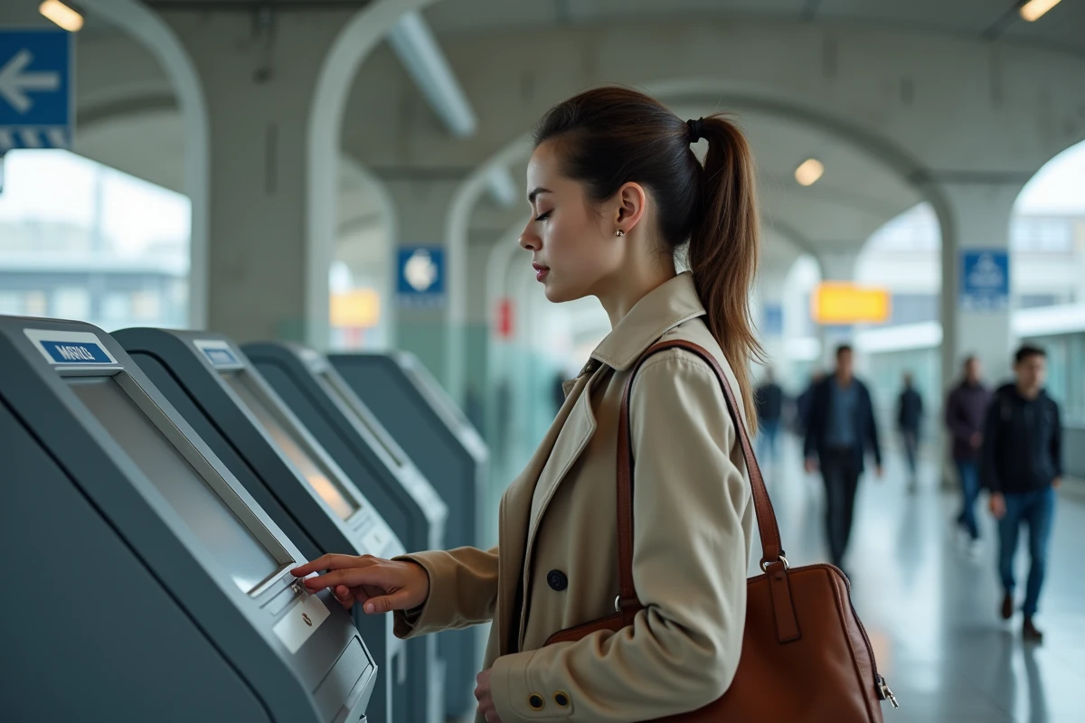 Femme utilisant une borne de paiement pour régler une amende RATP dans une station RER