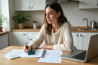 Femme organisant son budget familial avec une carte bancaire Crédit Agricole et un ordinateur portable sur une table de cuisine moderne