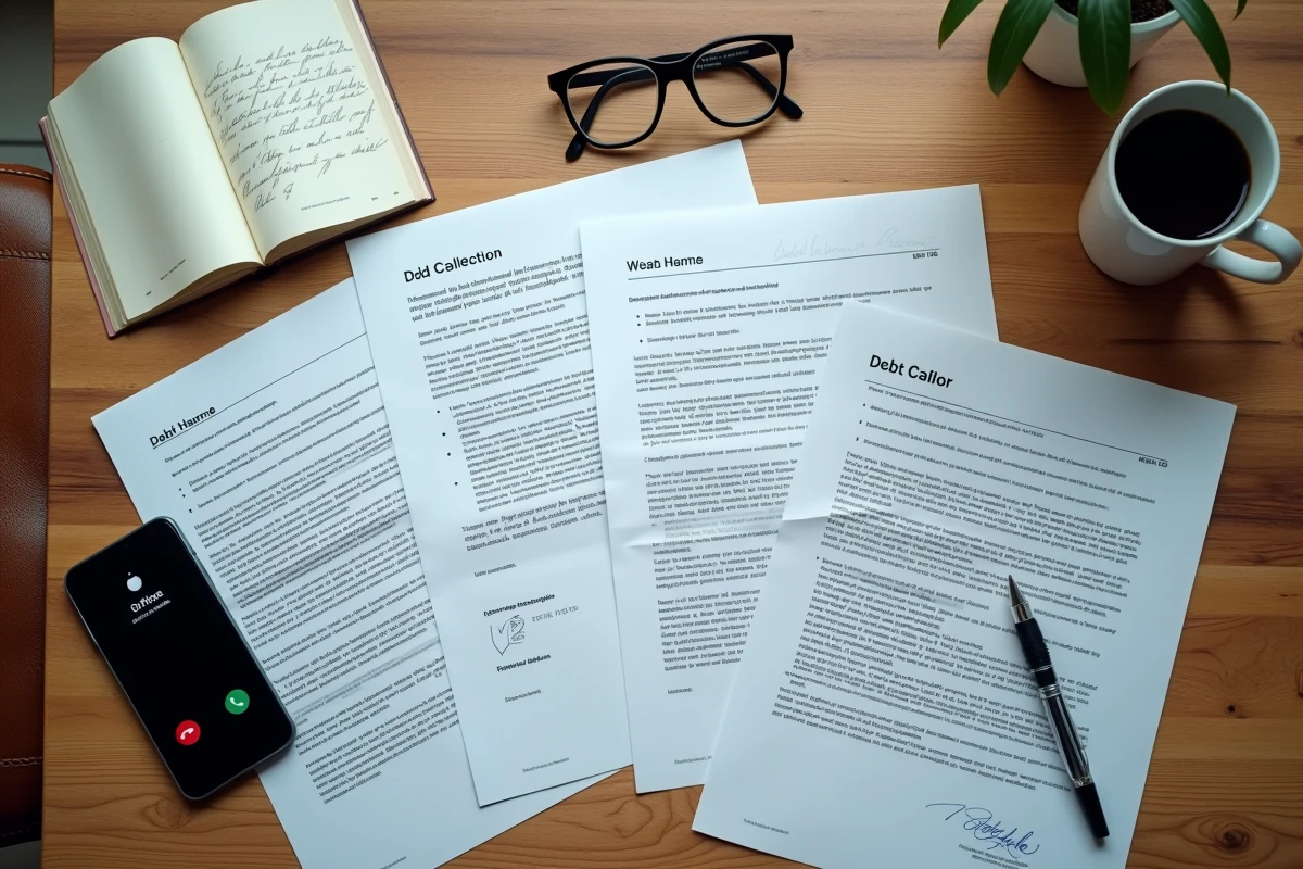 Vue de dessus d'un bureau avec lettres de recouvrement, stylo et notes manuscrites sur les droits du débiteur