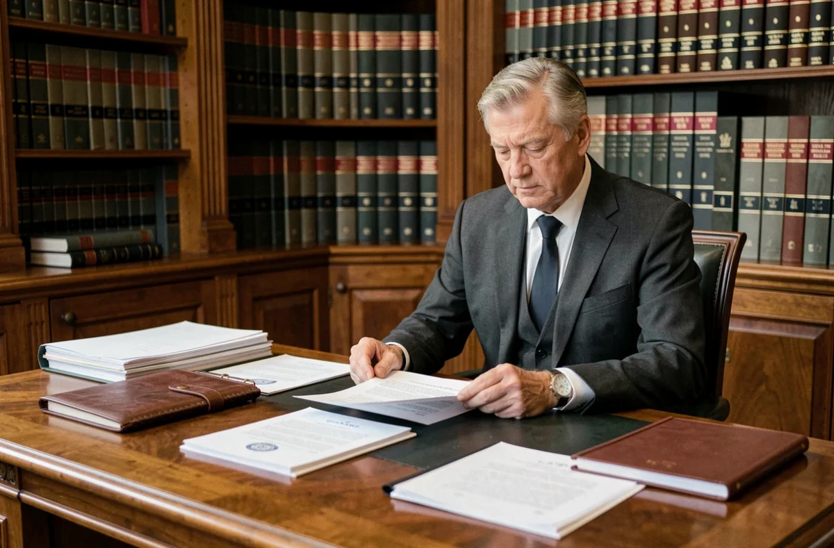 Bureau de notaire avec documents patrimoniaux évoquant l'évaluation de la fortune et des biens immobiliers d'une grande famille française
