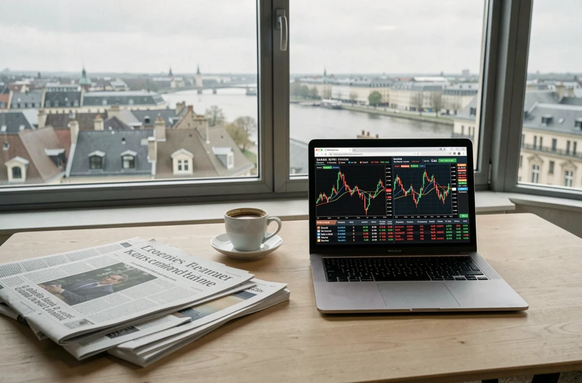 Bureau de trader européen avec rapports boursiers et données des marchés asiatiques sur ordinateur portable au lever du jour avec vue sur une ville européenne