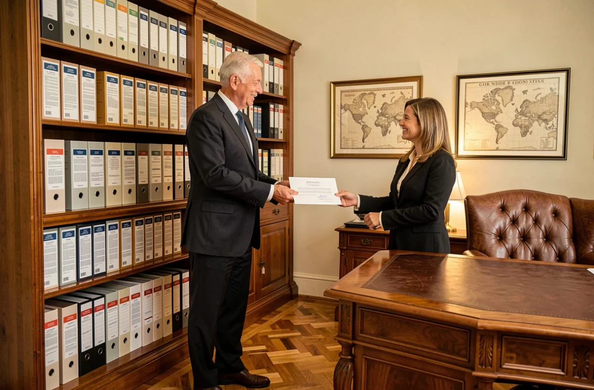 Courtier senior du Cabinet Ginestet Assurances remettant un contrat signé à une cliente dans un bureau traditionnel bordelais