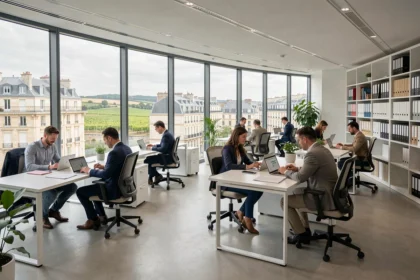Vue panoramique d'un cabinet comptable moderne en Bourgogne-Franche-Comté avec des professionnels travaillant sur des documents financiers