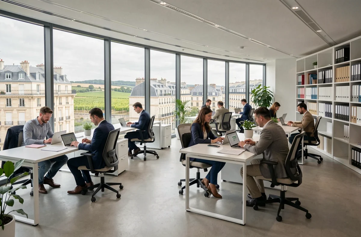 Vue panoramique d'un cabinet comptable moderne en Bourgogne-Franche-Comté avec des professionnels travaillant sur des documents financiers