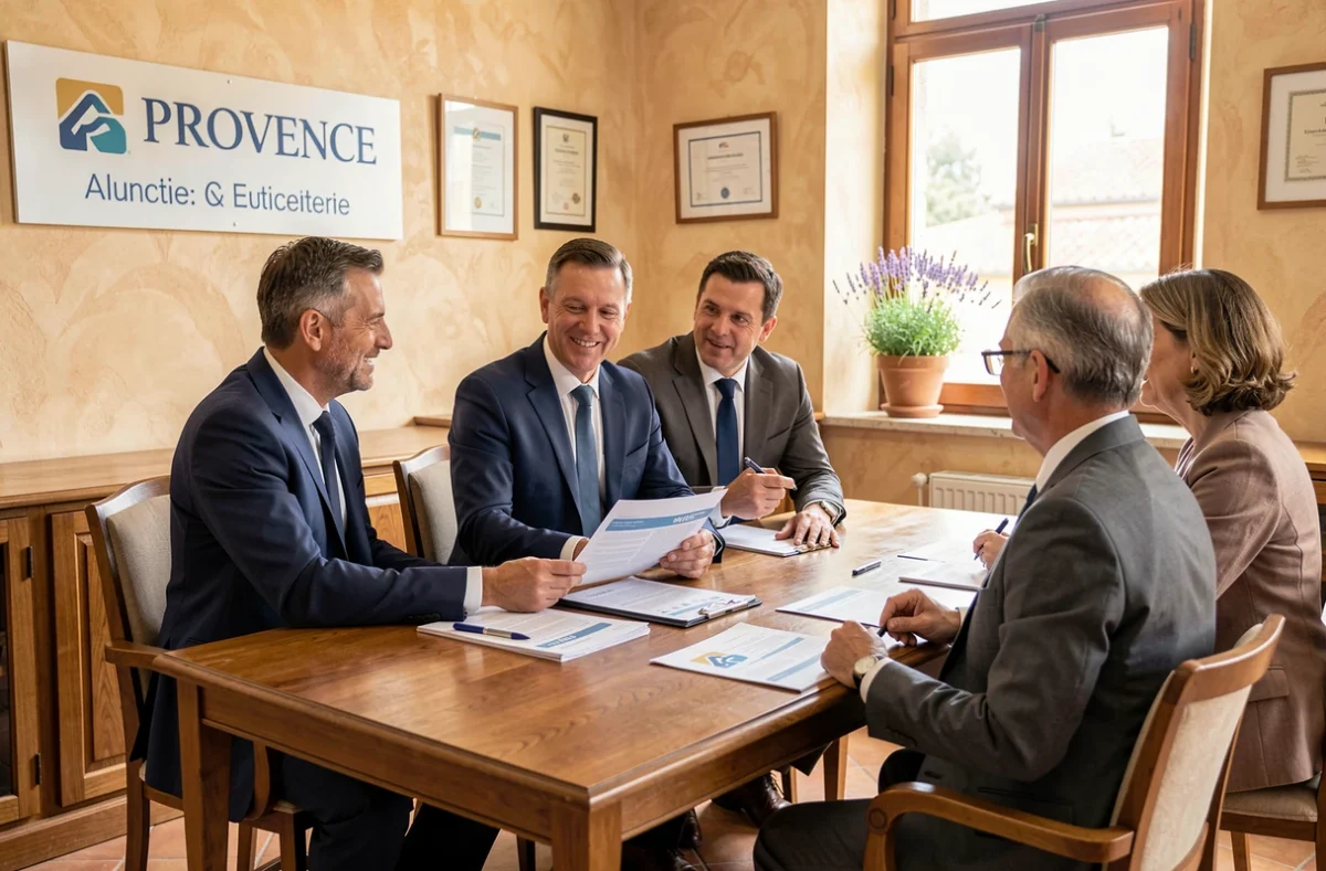 Courtier bancaire de Cafpi accueillant des clients professionnels dans une agence en Provence pour discuter d'un dossier de crédit