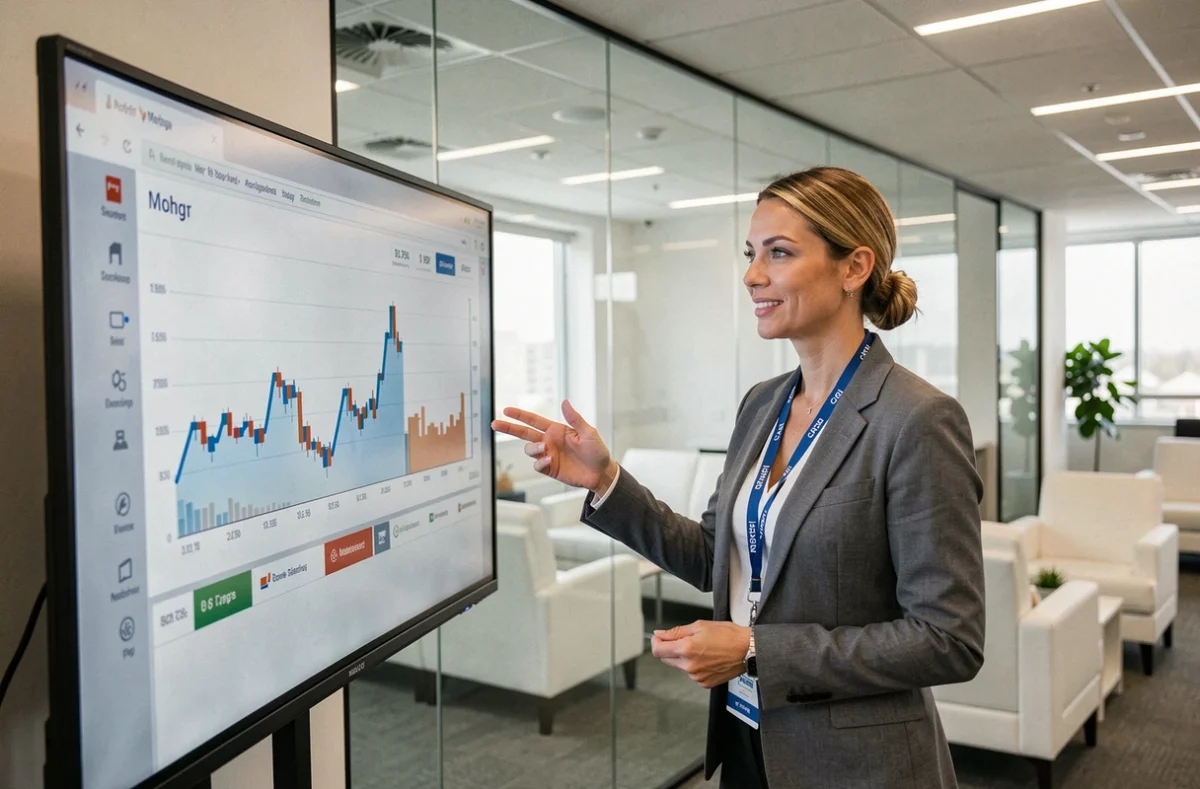 Une conseillère CAFPI présente des taux de crédit immobilier sur un écran interactif dans une agence moderne