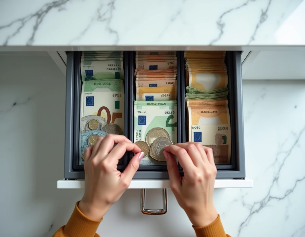 Vue de dessus d'une caisse à monnaie ouverte avec pièces et billets en euros soigneusement rangés par compartiment