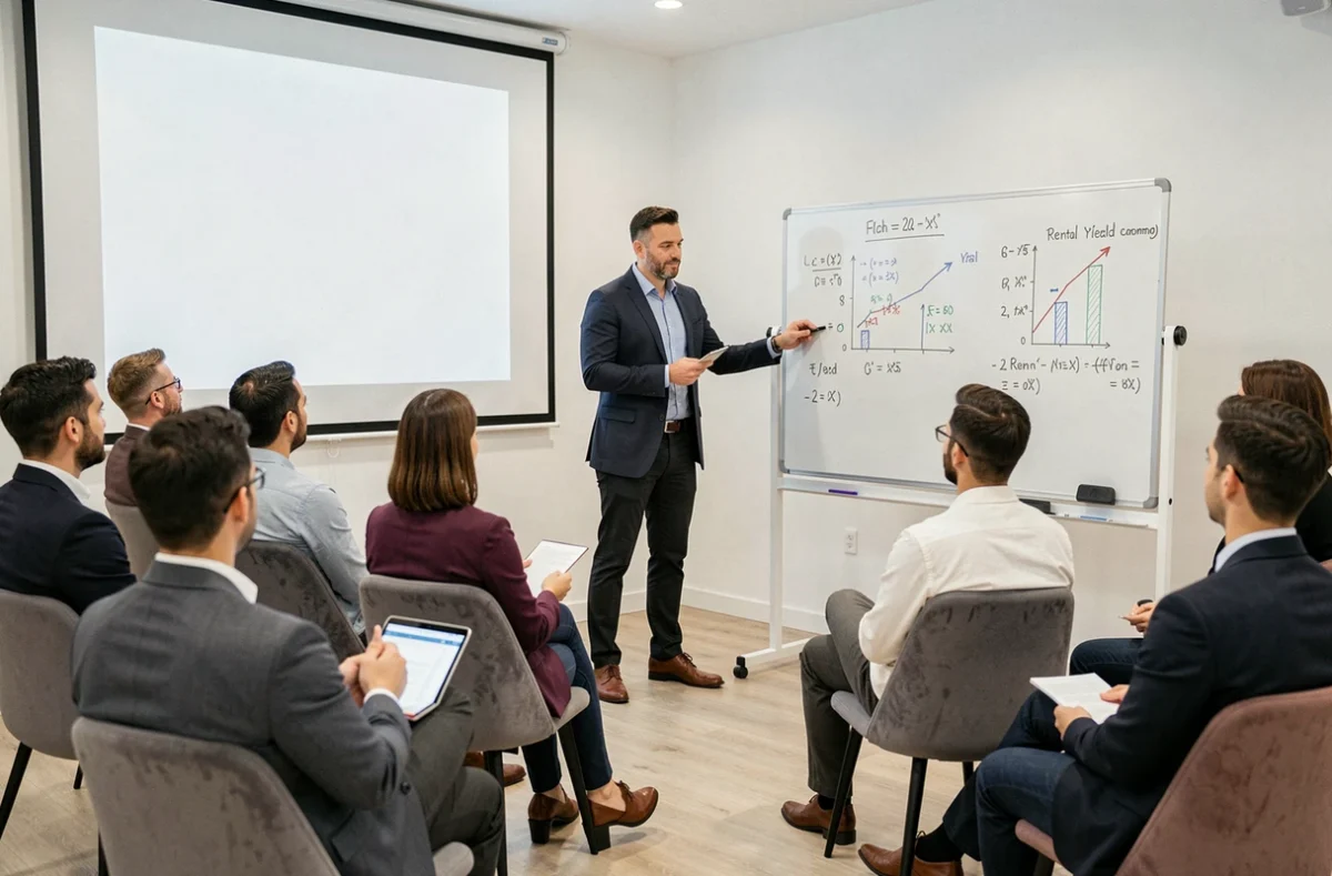 Formateur de Cash Flow Positif expliquant des projections de rendement locatif lors d'un atelier investisseurs