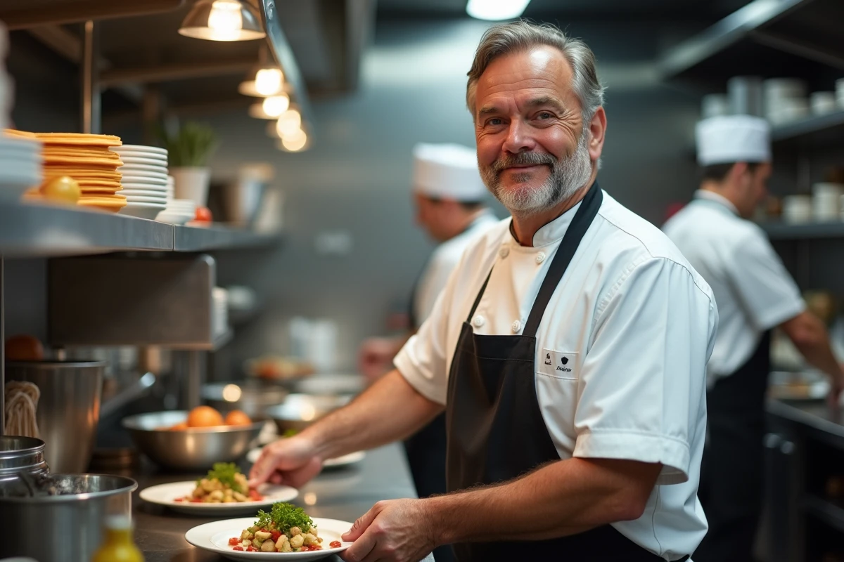 Chef en cuisine professionnelle en train de dresser un plat
