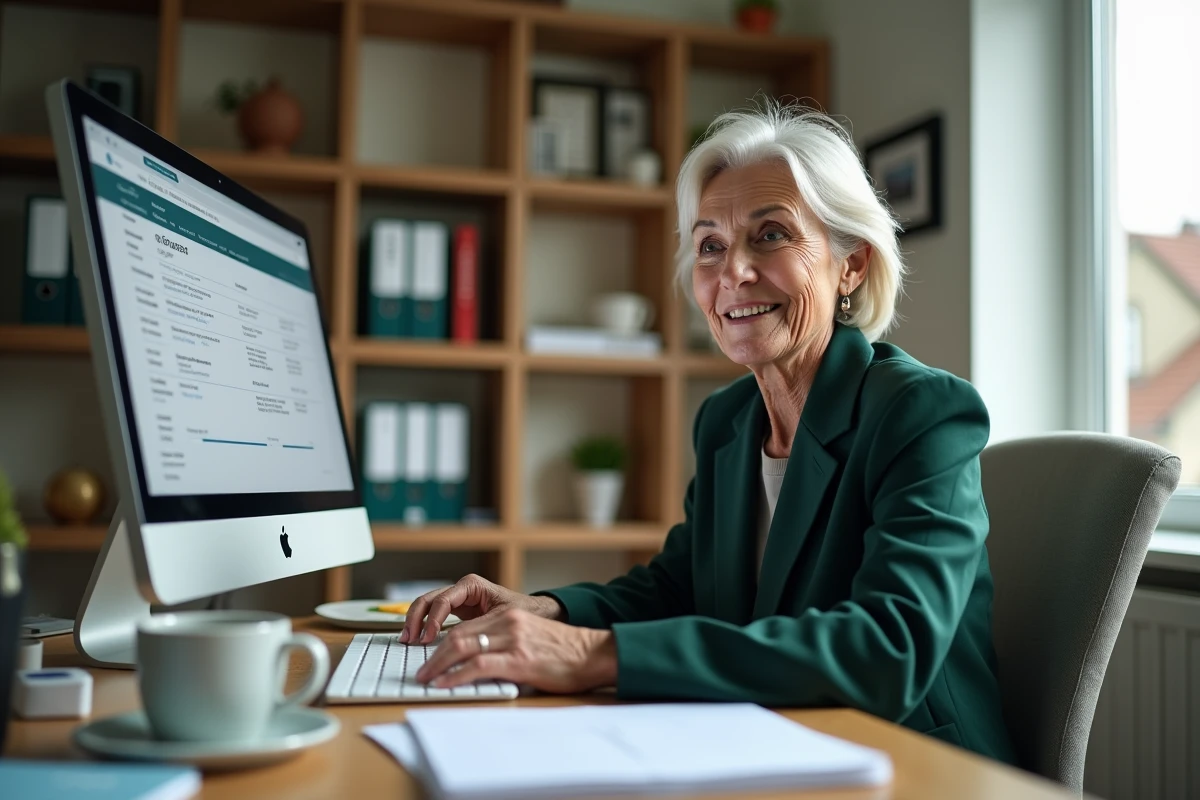 Cheffe d'entreprise consultant ses comptes professionnels en ligne depuis son bureau à domicile