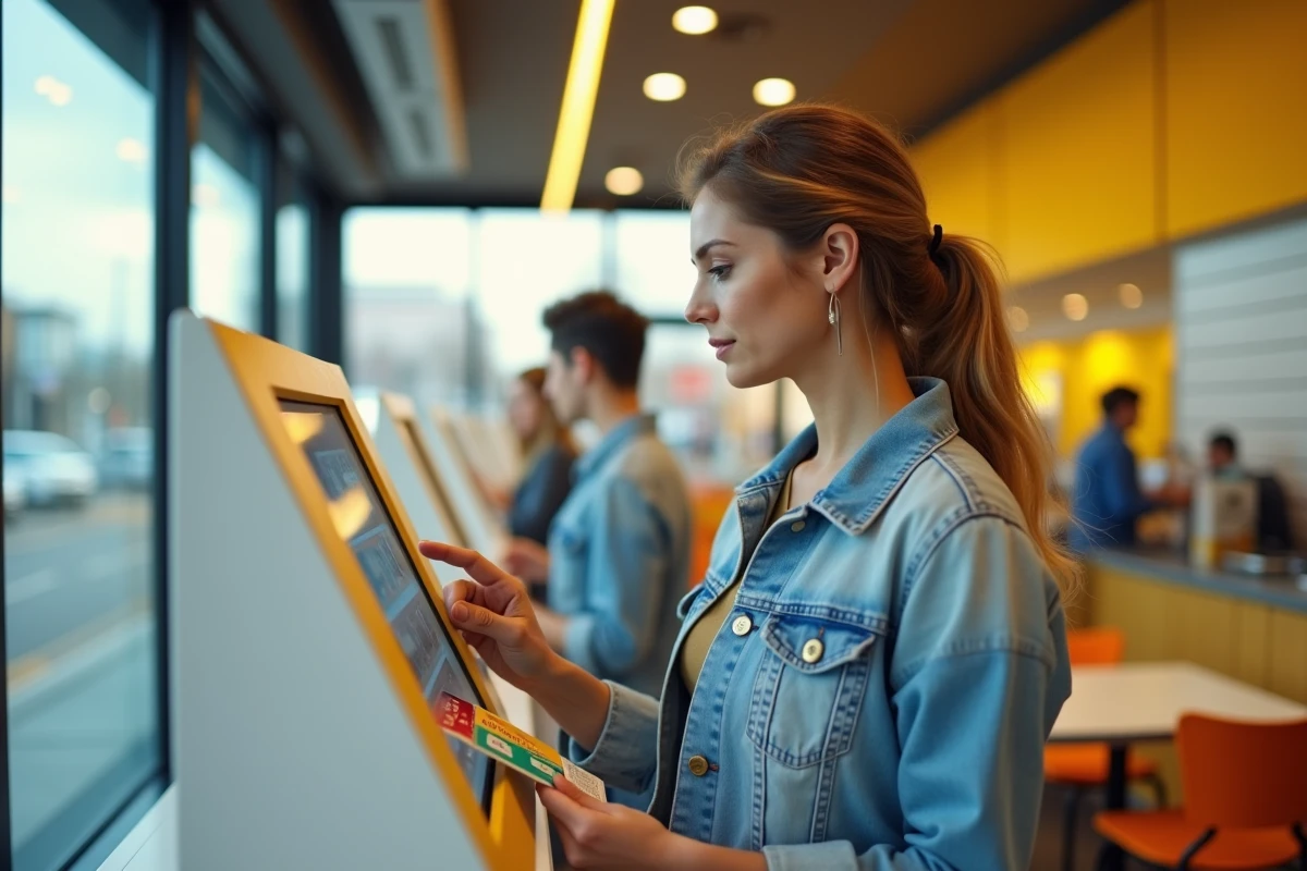 Femme utilisant des Chèques Vacances ANCV devant une borne de commande McDonald's