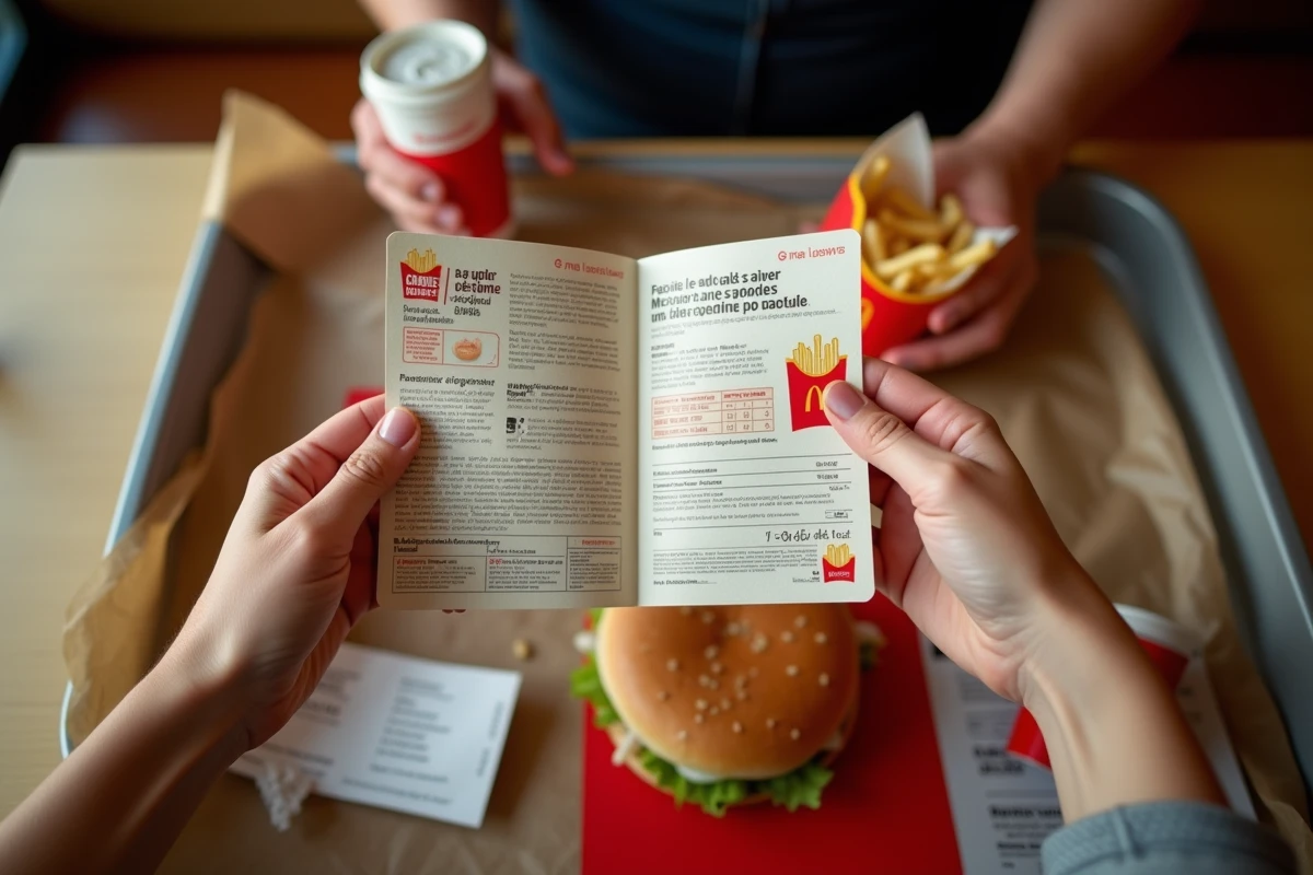 Chèques Vacances ANCV posés sur un plateau McDonald's avec un repas, vue de dessus