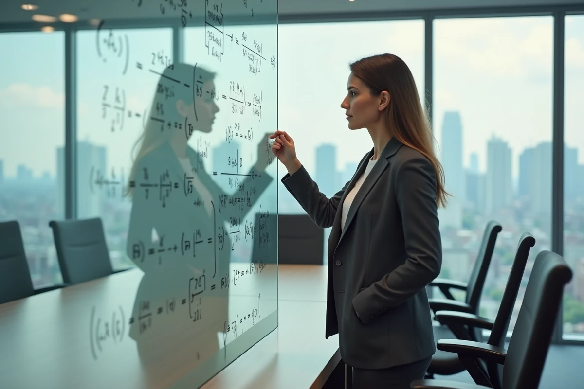 Chercheuse quantitative debout devant un tableau de verre rempli de formules mathématiques de modèles factoriels dans une salle de conférence avec vue sur la ville