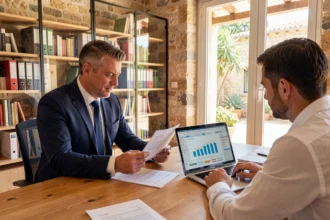 Conseiller en crédit professionnel et entrepreneur discutant d'un dossier de financement dans un bureau moderne en Provence-Alpes-Côte d'Azur