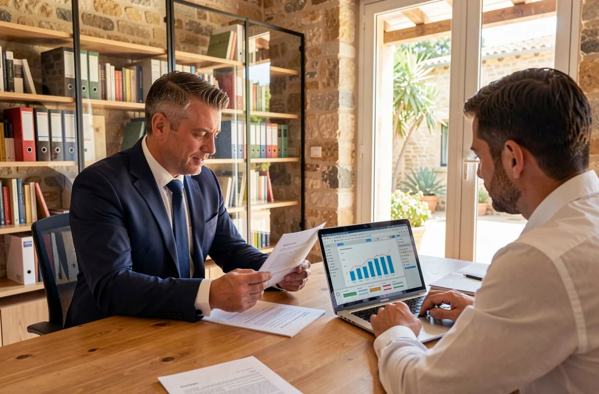 Conseiller en crédit professionnel et entrepreneur discutant d'un dossier de financement dans un bureau moderne en Provence-Alpes-Côte d'Azur
