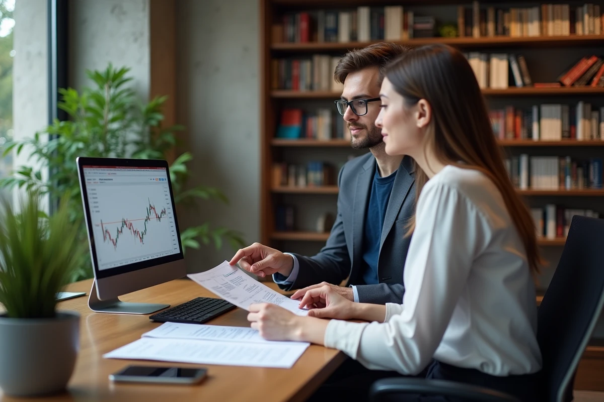 Deux analystes quantitatifs en collaboration autour de rapports imprimés et d'un écran montrant des courbes d'information coefficient dans un bureau moderne épuré