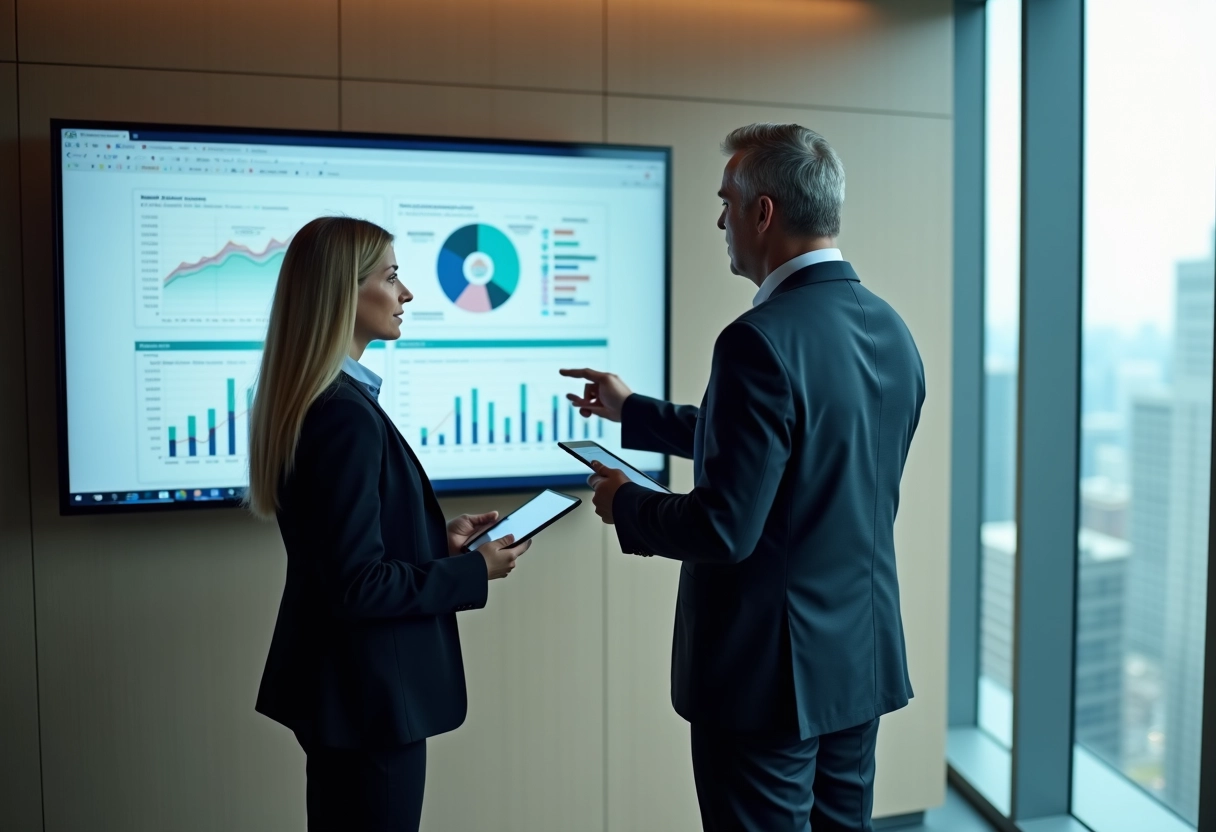 Deux collègues discutant devant un écran de tableau de bord