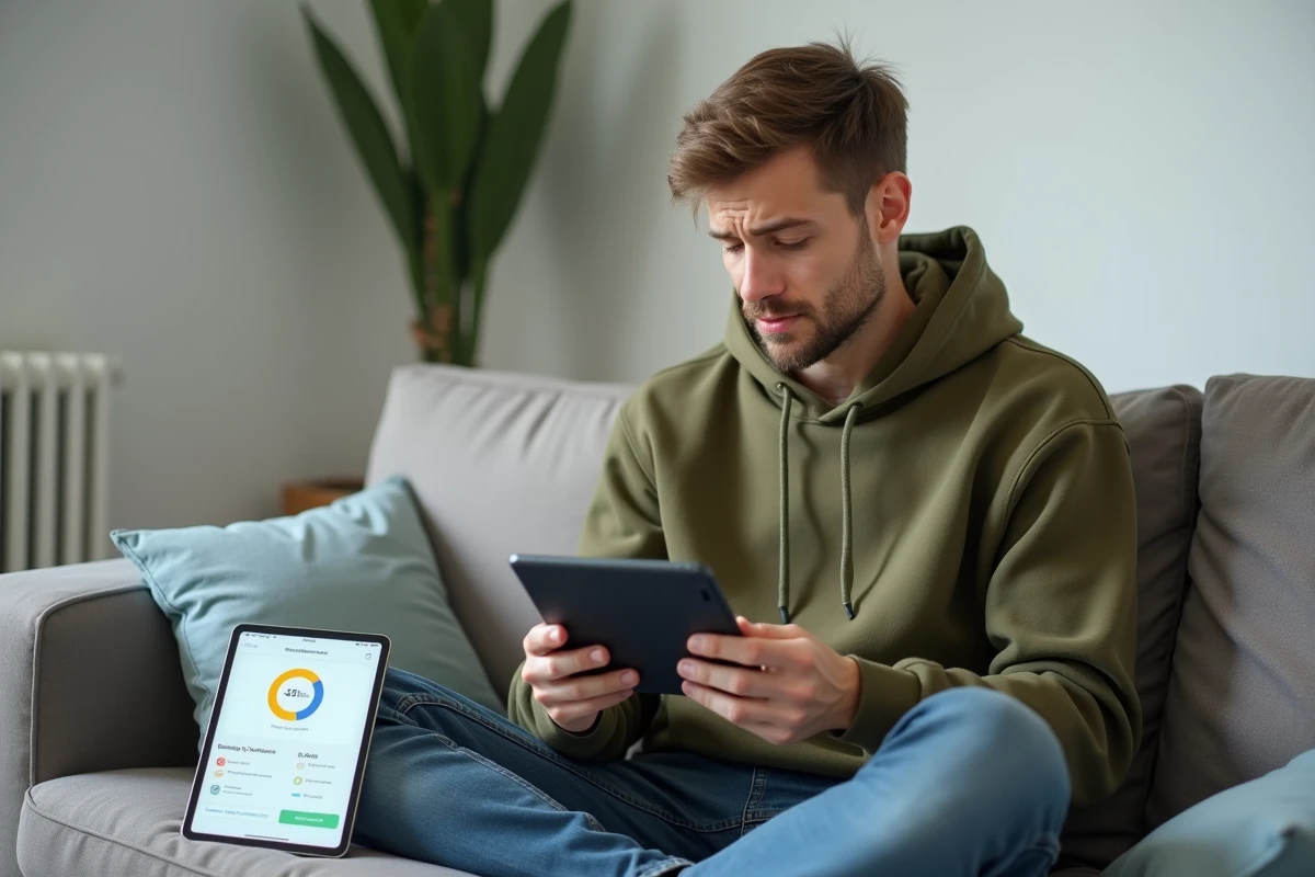 Personne comparant deux applications bancaires sur smartphone et tablette depuis son salon