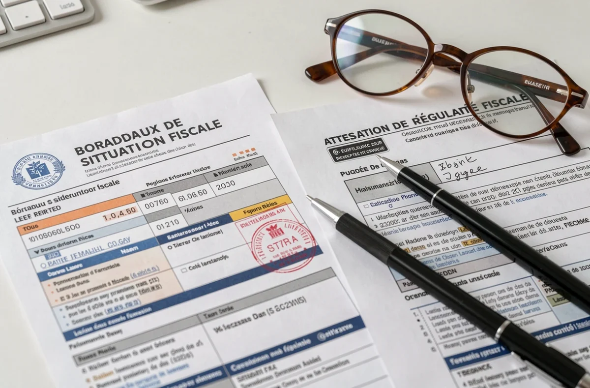 Comparaison côte à côte d'un bordeaux de situation fiscale et d'une attestation de régularité fiscale posés sur un bureau blanc avec lunettes et stylo