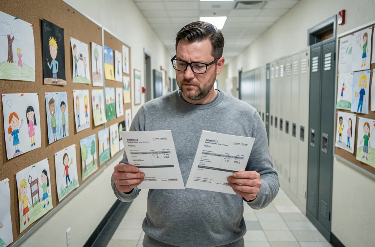 Enseignant contractuel comparant son bulletin de paie avec celui d'un titulaire dans un couloir d'école