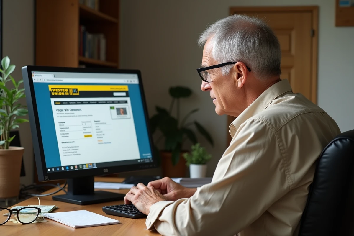Homme âgé comparant les frais Western Union sur un ordinateur de bureau à domicile