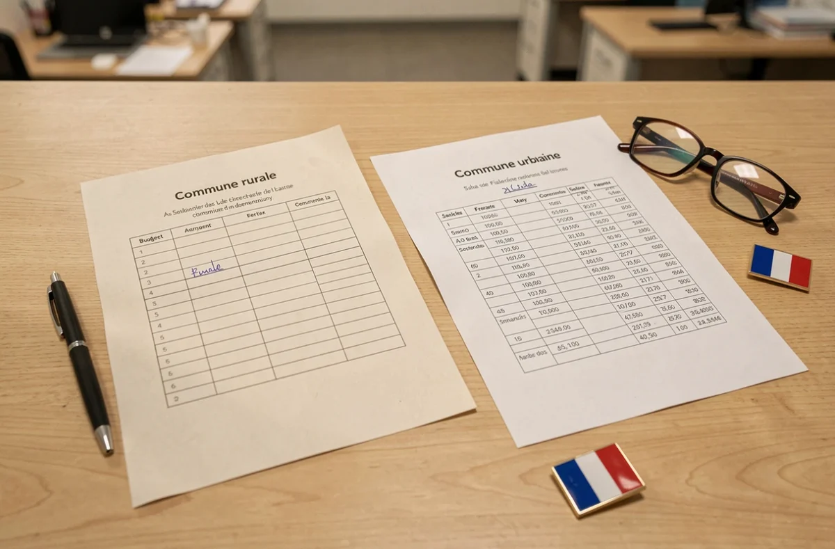 Comparaison de fiches de salaire entre un maire de village et un maire de grande ville posées sur un bureau