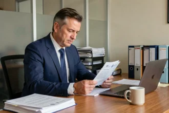 Comptable en costume marine examinant des documents fiscaux officiels sur un bureau en bois dans un bureau administratif moderne