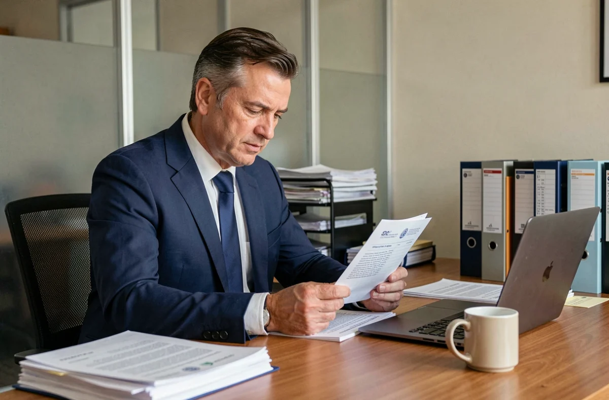 Comptable en costume marine examinant des documents fiscaux officiels sur un bureau en bois dans un bureau administratif moderne