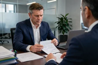 Conseiller bancaire analysant un bordereau de situation fiscale lors d'une consultation pour un rachat de crédit