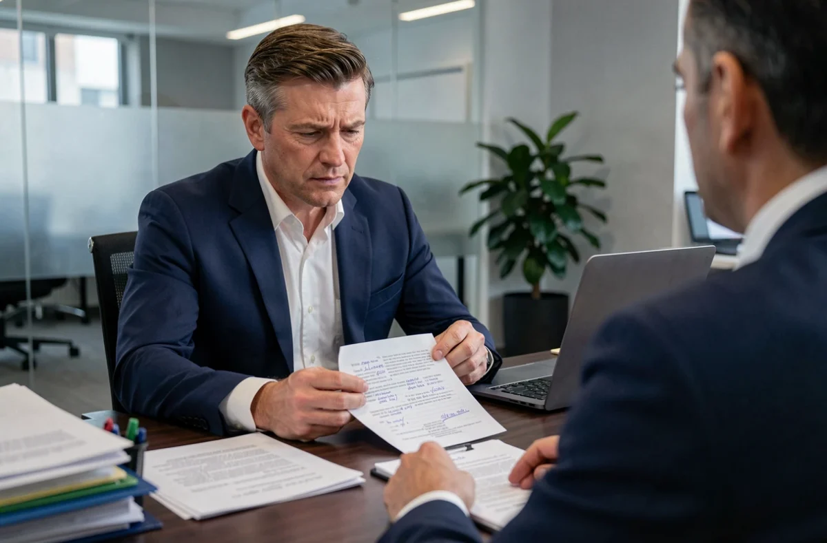 Conseiller bancaire analysant un bordereau de situation fiscale lors d'une consultation pour un rachat de crédit